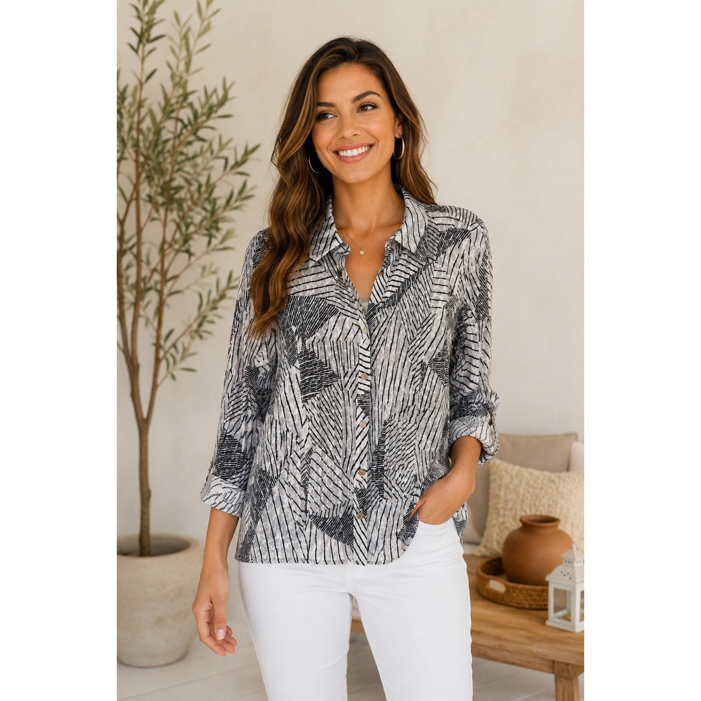 JM Collection Women Black White Geometric Abstract Print 3/4 Sleeve Shirt L